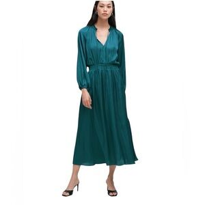 NEW Mango Classic Satin Dress sze 8 Blue Puff Sleeves Flowy V-Neck Romantic Glam